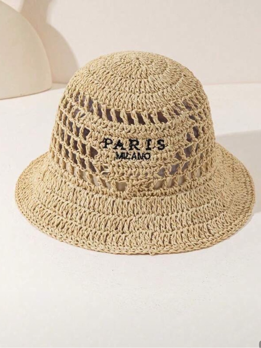 New designer inspired Crocheted Straw Bucket Hat with 'PARIS MILANO' Embroidery